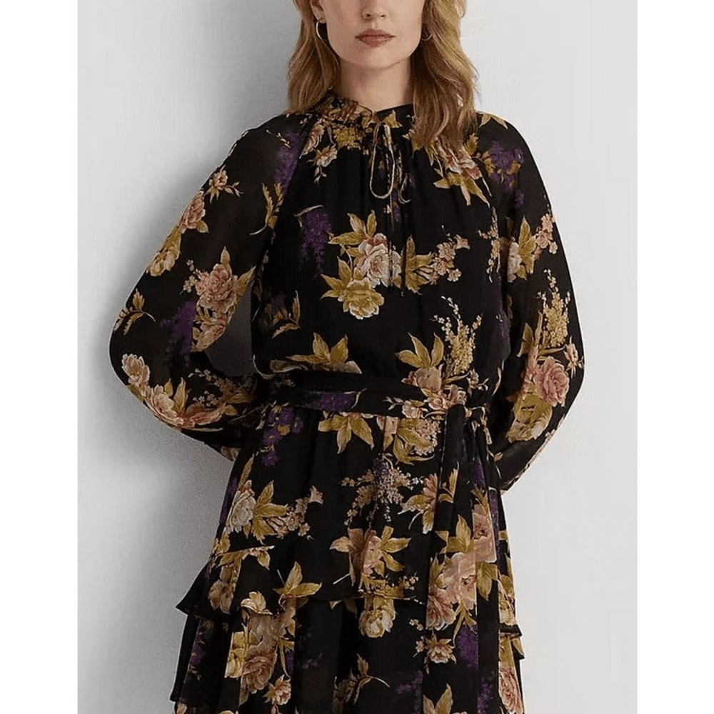 Ralph Lauren Black Floral Long-Sleeve Tie-Waist Dress